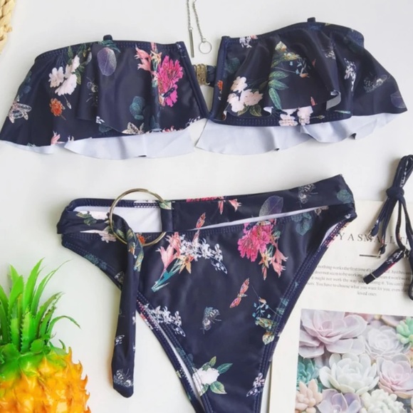 Two Piece Set Swimsuit Sexy Deep V Ruffle Bikini High Waist - Picture 10 of 10